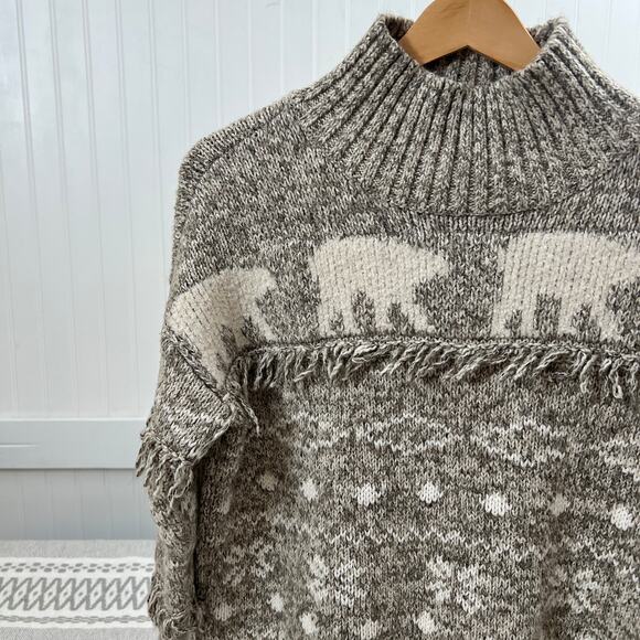 LOFT Women's S Mock Neck Fair Isle Sweater Polar Bear Fringe Pullover Winter - Picture 1 of 9